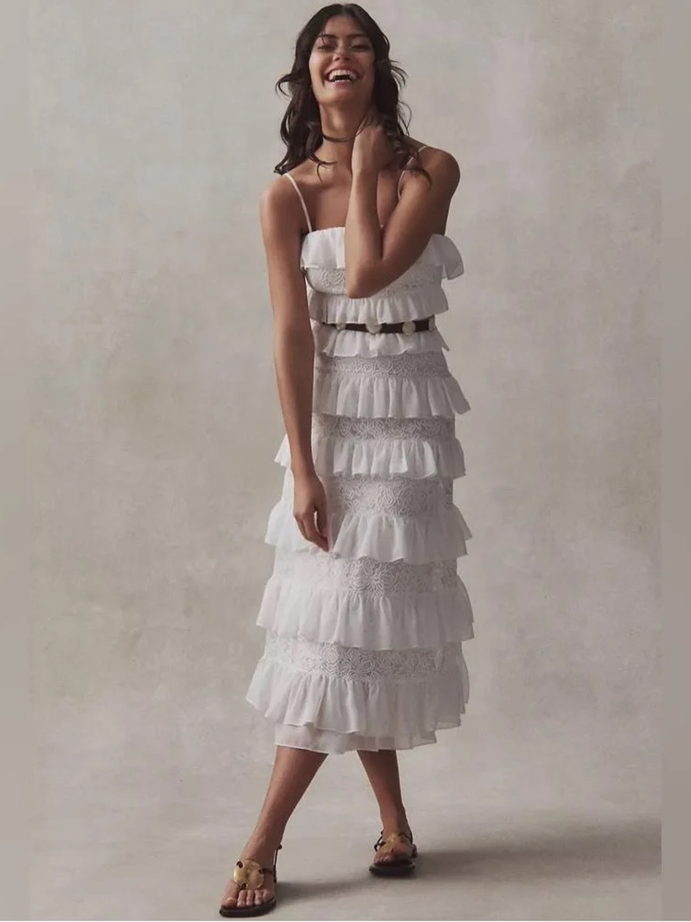 BHLDN Anthropologie White Strapless Tiered Ruffle Lace Midi Dress Boho Bridal L